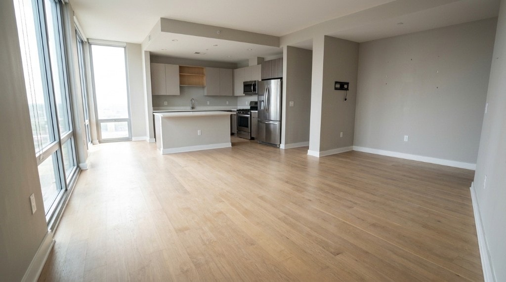 Wide landscape view of a cleaned apartment living area after a Leina Cleaning move-out clean