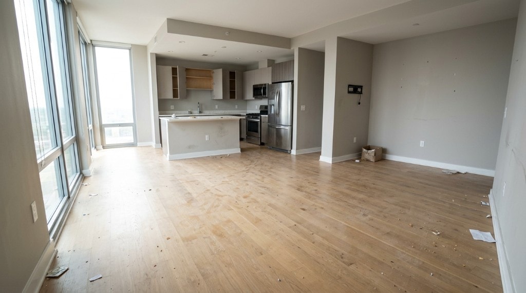 Wide landscape view of an unkempt apartment living area before a Leina Cleaning move-out clean