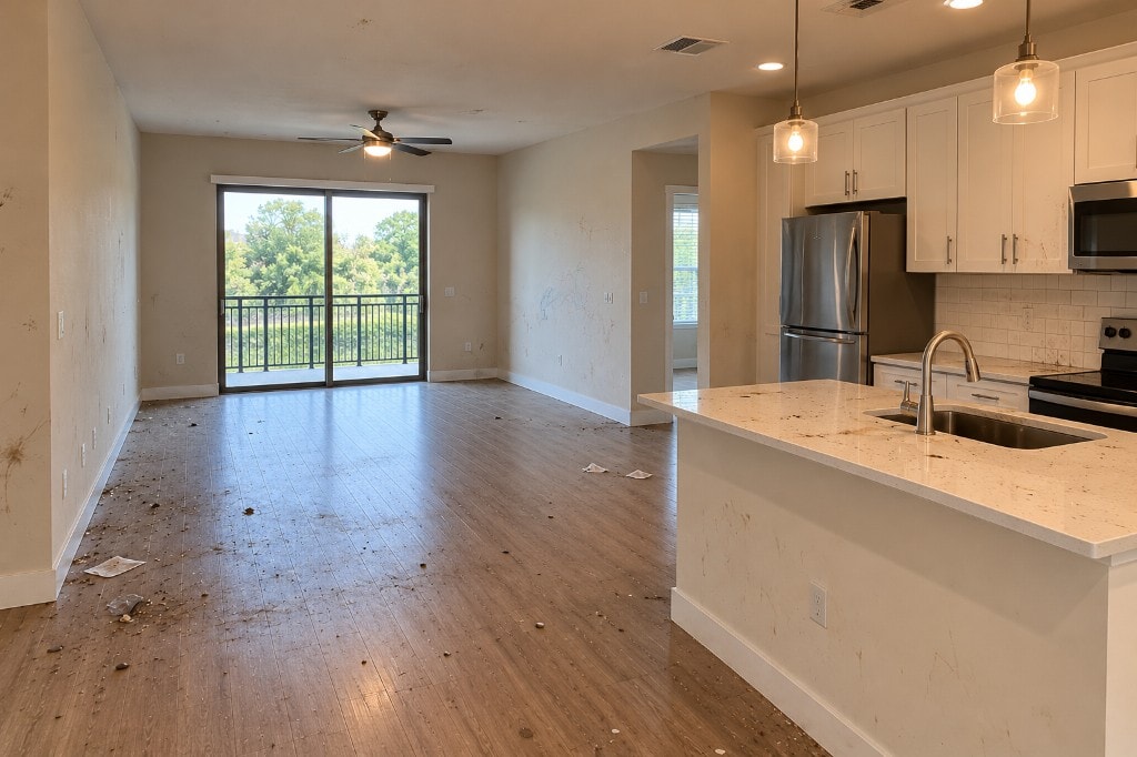 Unkempt open-plan apartment kitchen and living area before a Leina Cleaning move-out clean